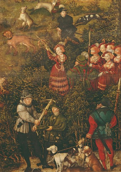 Die Kurfürstin Sybille von Sachsen bereitet sich darauf vor, mit ihrer Armbrust bei der Jagd zu Ehren von Kaiser Karl V. in der Nähe von Schloss Hartenfels, Torgau, 1544 zu schießen von Lucas Cranach the Elder